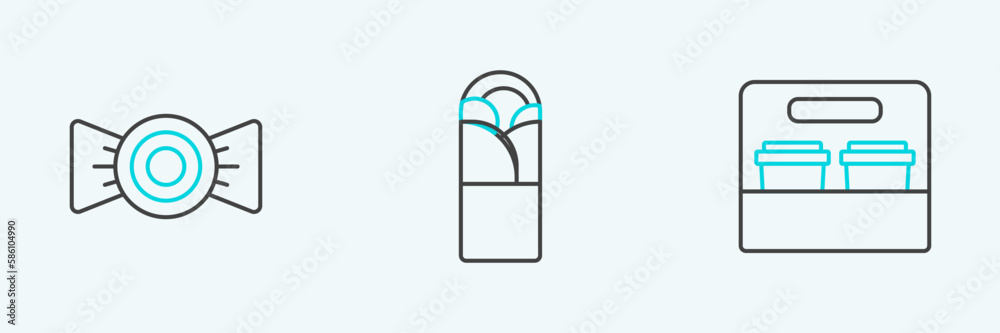 Set line Coffee cup to go, Candy and Doner kebab icon. Vector Set line Coffee cup to go, Candy and Doner kebab icon. Vector