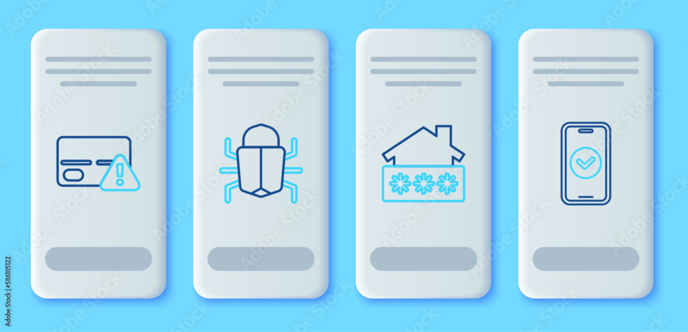 Set line System bug, House with password, Credit card and Smartphone icon. Vector