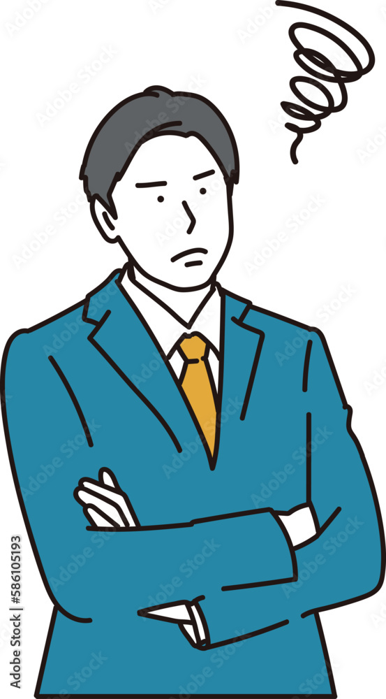 腕組みをして困っているスーツ姿の若い男性