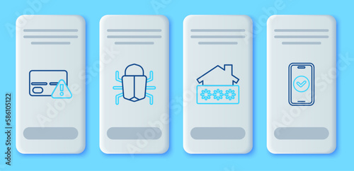 Set line System bug, House with password, Credit card and Smartphone icon. Vector