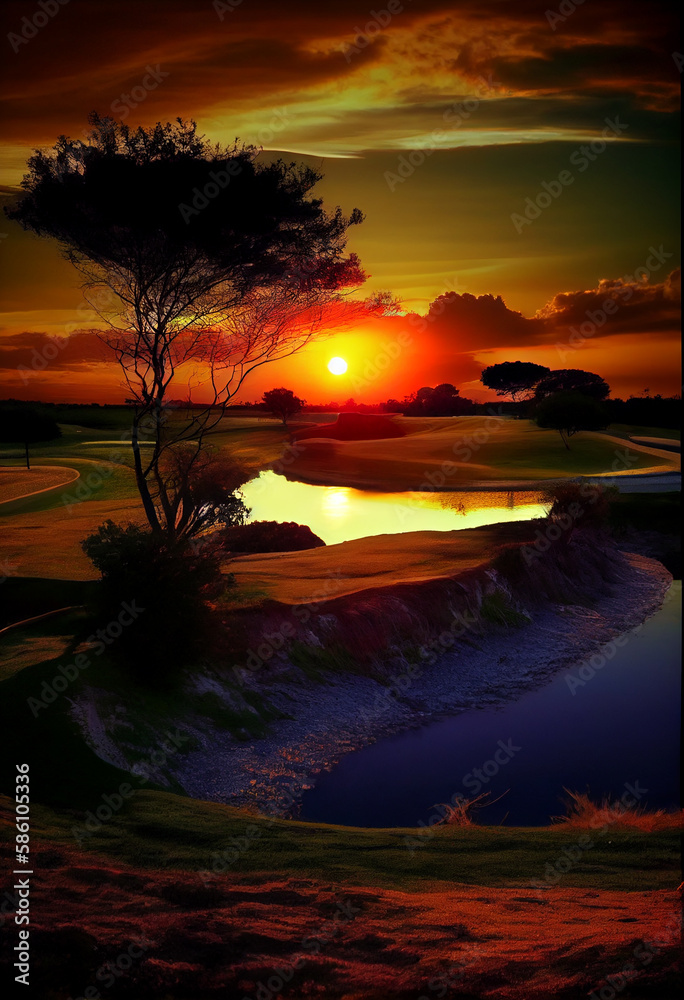 Soothing relaxation on the golf courses under the sunset sky. AI Generated