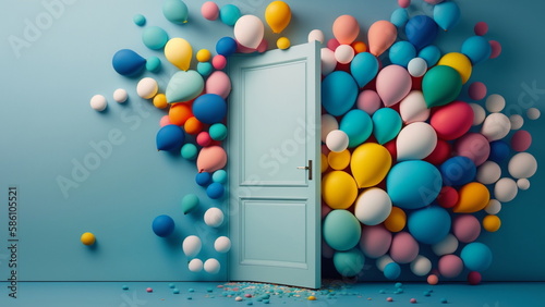 Colorful balloons float behind door and blue backdrop with Generative AI.
