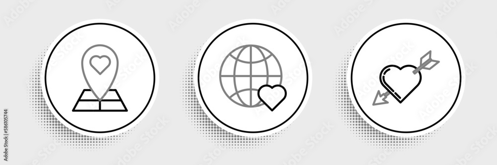 Set line Amour symbol with heart and arrow, Map pointer and The world love icon. Vector Set line Amour symbol with heart and arrow, Map pointer and The world love icon. Vector