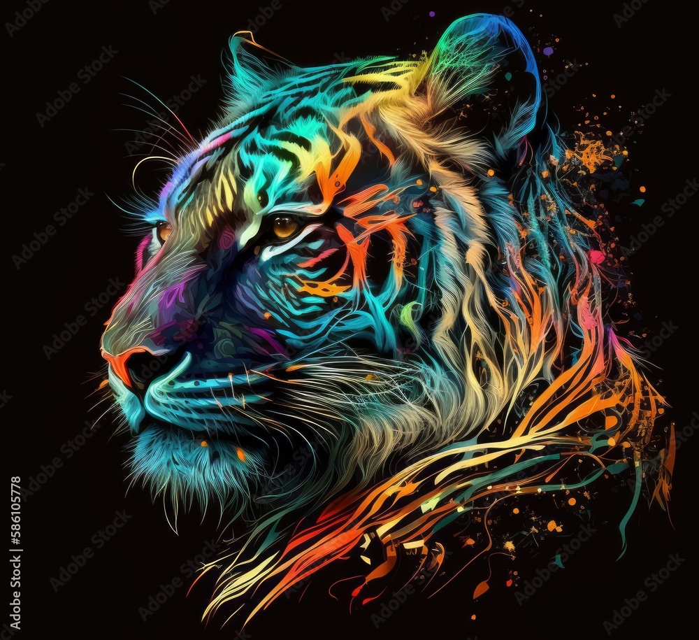 Fototapeta Colorful Tiger illustration in black background. generative ai.