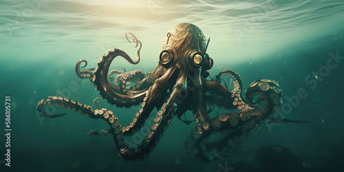 Steampunk octopus with futuristic cyberpunk implants in the ocean. Generative AI