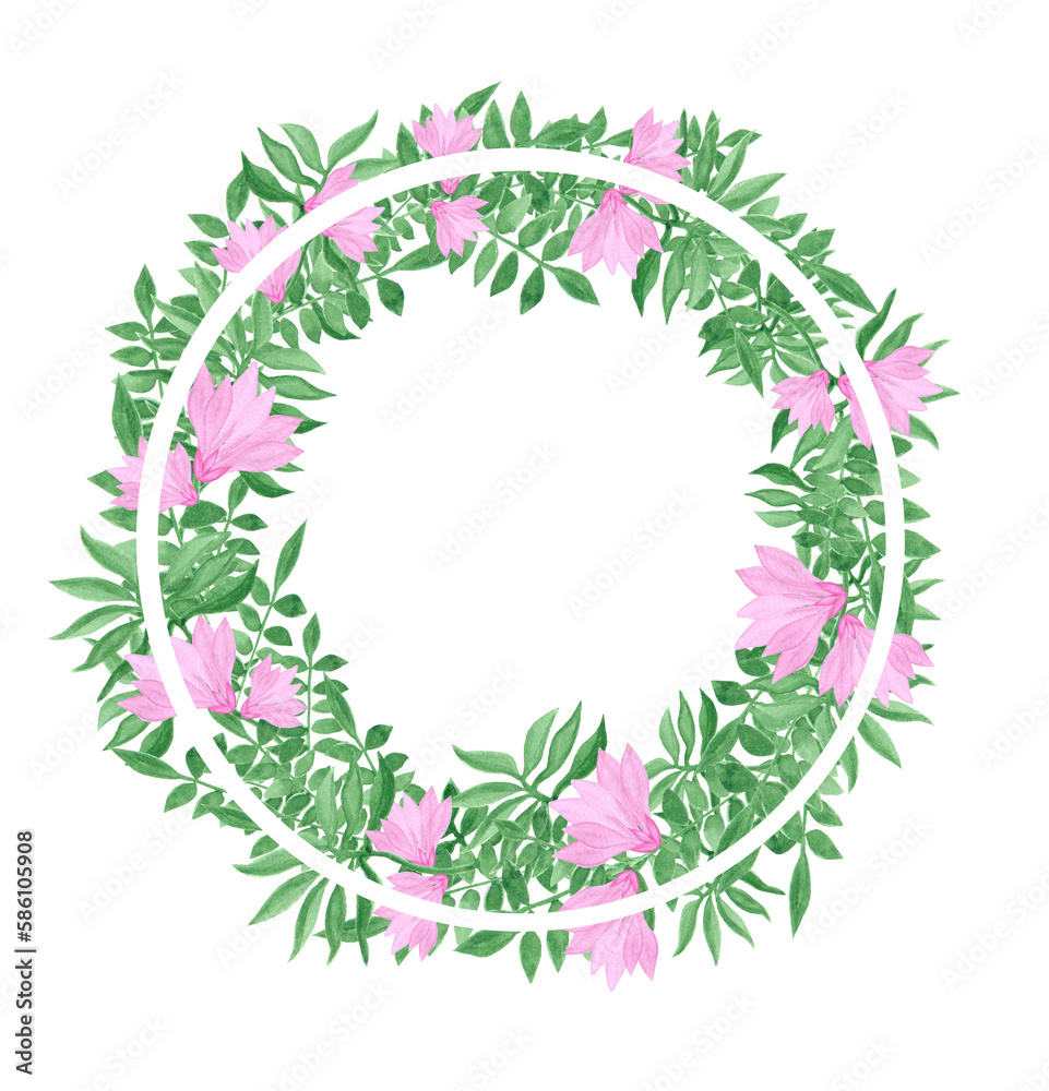 Wreath of green branches and pink flowers. Watercolor illustration