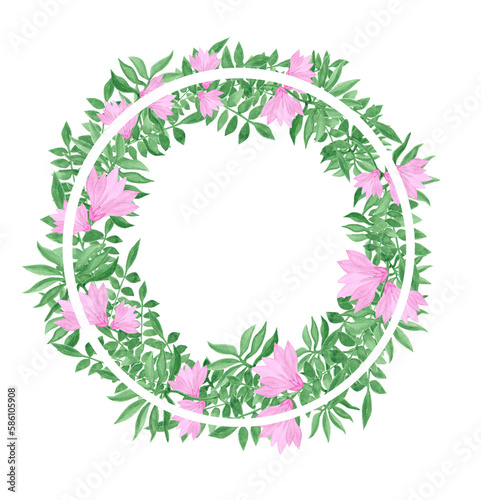 Wreath of green branches and pink flowers. Watercolor illustration