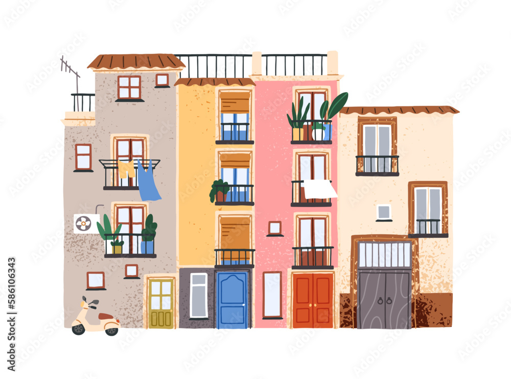 Southern apartment building facade. Old colorful South house exterior with plants and laundry on balconies. Cozy Spanish town architecture, home. Flat vector illustration isolated on white background