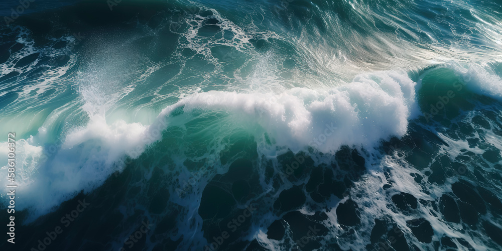 Aerial view of deep sea waters and white waves, captured by a drone ...