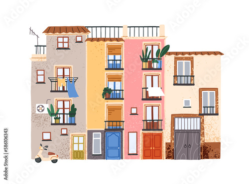 Southern apartment building facade. Old colorful South house exterior with plants and laundry on balconies. Cozy Spanish town architecture, home. Flat vector illustration isolated on white background photo