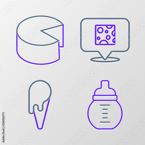 Set line Baby milk in a bottle, Ice cream waffle cone, Cheese and icon. Vector