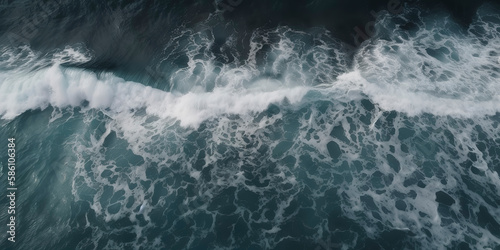 Aerial top view of deep ocean waters, showcasing white waves in a captivating drone shot. Generative AI