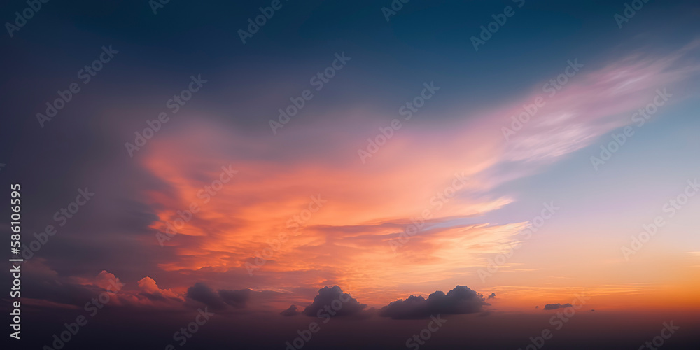 Fluffy clouds accentuate the magical colors of a sunset sky. Generative AI