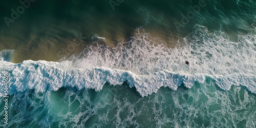 Drone-captured aerial photo showcasing the mesmerizing deep sea and white wave crests. Generative AI