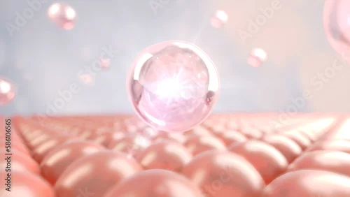 Obraz Glow pink bubbles drop to cell skin.Beauty cosmetic protect and anti aging with laboratory and science conceptual.