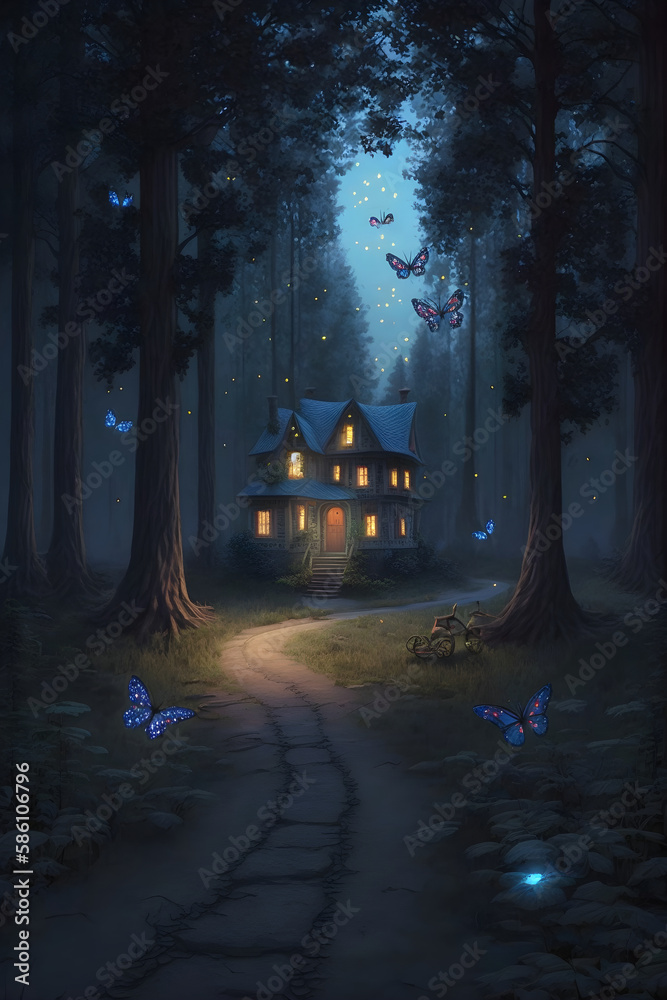 Mystery small house glowing in the dark in the magical forest. Fairytale background. Generated AI
