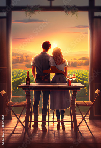 A table for two is served on the terrace overlooking the vineyards at sunset. AI Generated