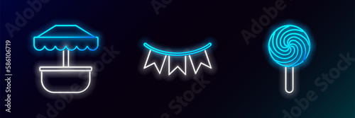 Set line Lollipop, Attraction carousel and Carnival garland with flags icon. Glowing neon. Vector