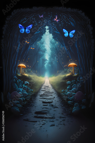 Mystery glowing mushrooms and butterflies in the magical forest. Fairytale background. Generated AI