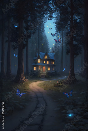 Mystery small house glowing in the dark in the magical forest. Fairytale background. Generated AI