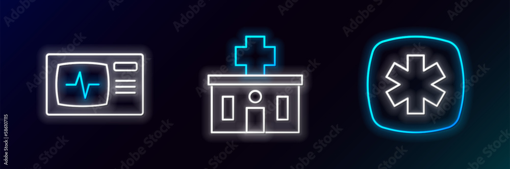 Set line Emergency - Star of Life, Monitor with cardiogram and Hospital building icon. Glowing neon. Vector Set line Emergency - Star of Life, Monitor with cardiogram and Hospital building icon. Glowing neon. Vector