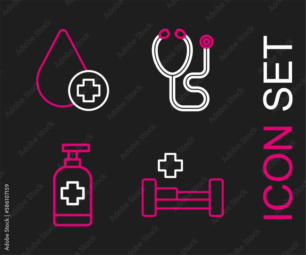 Set line Hospital bed, Antibacterial soap, Stethoscope and Donate drop blood icon. Vector Set line Hospital bed, Antibacterial soap, Stethoscope and Donate drop blood icon. Vector
