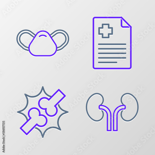 Set line Human kidneys, Joint pain, knee pain, Patient record and Medical protective mask icon. Vector