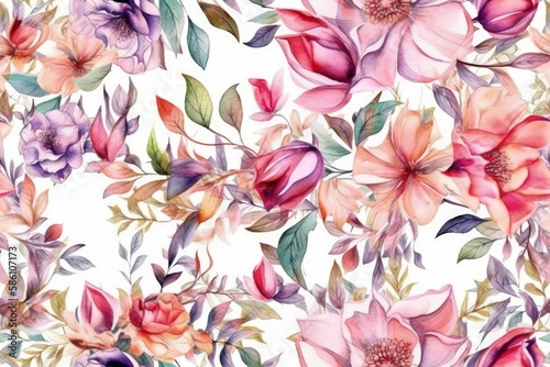 Illustration of colorful flowers painted in watercolor on a white background created with Generative AI technology