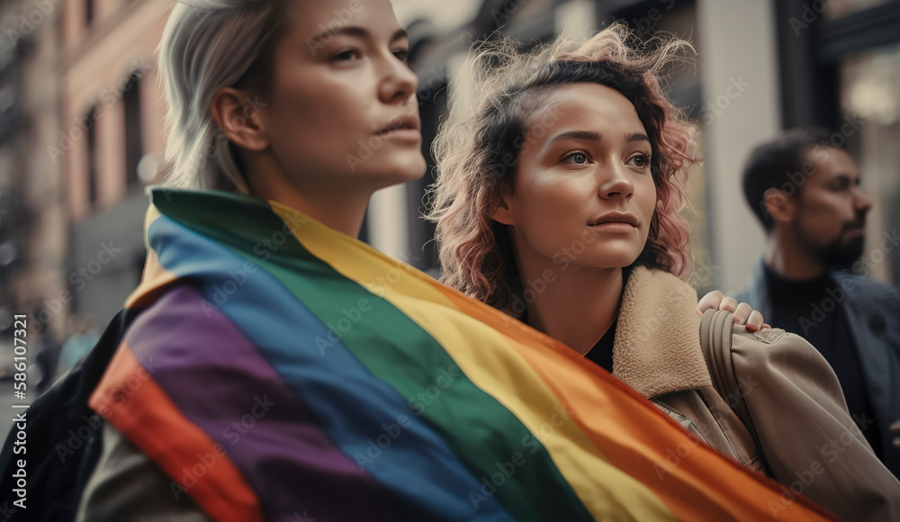 Passionate kiss between women, LGBTQ+ flag and vibrant ribbons create a colorful scene. Generative AI Passionate kiss between women, LGBTQ+ flag and vibrant ribbons create a colorful scene. Generative AI