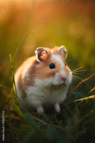 Little wild hamster in the grass at warm sunny day. Generative AI.
