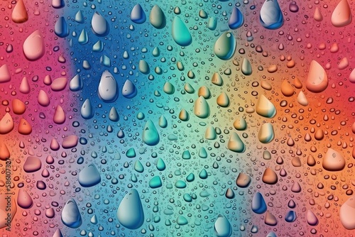Illustration of colorful water droplets on a vibrant rainbow background created with Generative AI technology