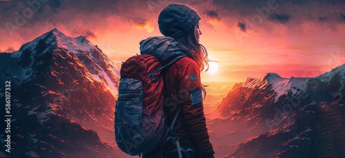 Woman standing on top of a mountain with a backpack on his back and a sunset in the background behind him, with a red sky and orange clouds and a red hued. Generative AI.