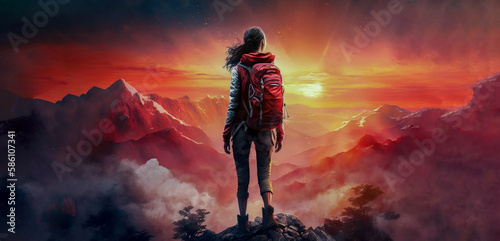 Woman standing on top of a mountain with a backpack on his back and a sunset in the background behind him, with a red sky and orange clouds and a red hued. Generative AI. photo