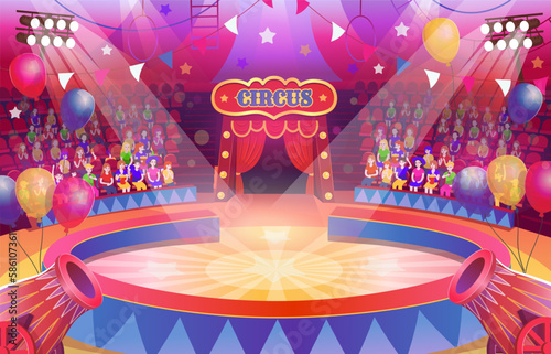 Circus arena with a round stage for the show. Many people watch the performance in the circus. Arena with spectators. Interior with seats, flags, spotlights and balloons, circus cannon.