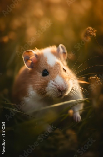 Little wild hamster in the grass at warm sunny day. Generative AI. © Hanna