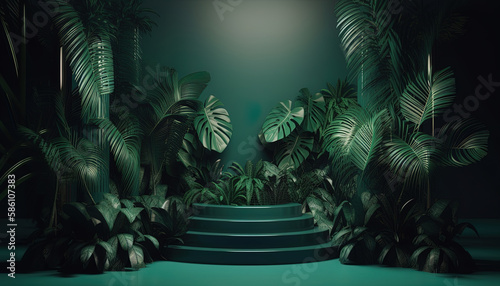Scenery with green tropical plants. Exhibition podium for the display of products for advertising