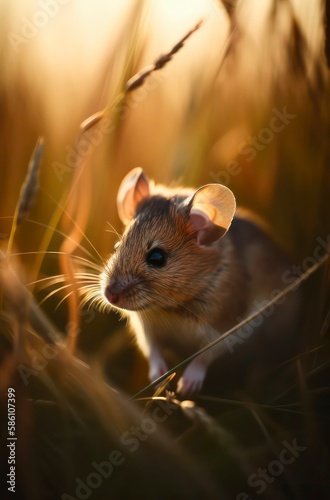 Little brown mouse in the grass at warm sunny day. Generative AI.