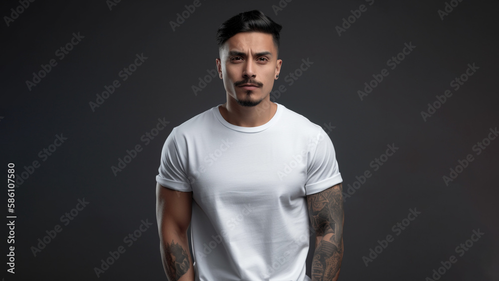 Handsome latino man with brown eyes wearing simple white t- shirt. Isolated on dark background. White t- shirt mockup.