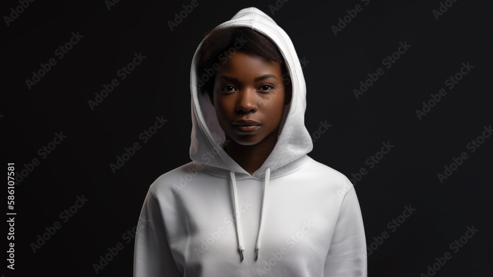 Beautiful black woman with brown eyes wearing simple white hoodie. Isolated on dark background. White hoodie mockup.