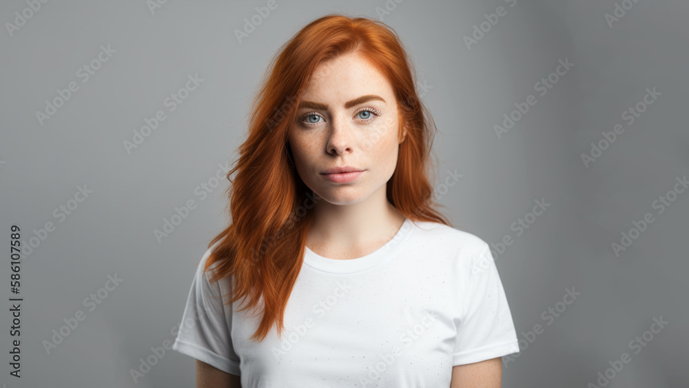 Beautiful ginger woman with freckles wearing simple white t-shirt. Isolated on grey background. White t-shirt mock up. Beautiful ginger woman with freckles wearing simple white t-shirt. Isolated on grey background. White t-shirt mock up.