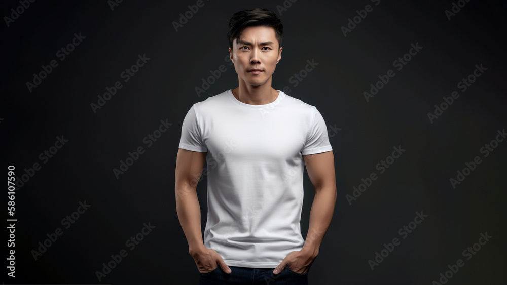 Handsome asian man with brown eyes wearing simple white t- shirt. Isolated on dark background. White t- shirt mock up.