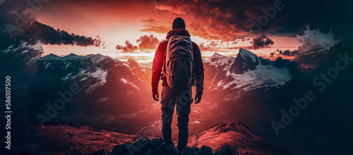 Man standing on top of a mountain with a backpack on his back and a sunset in the background behind him, with a red sky and orange clouds and a red hued. Generative AI