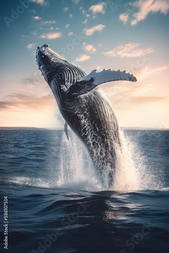 Majestic humpback whale lifting its powerful tail above ocean waves, water spraying. Generative AI