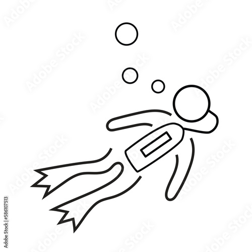 scuba diving icon, diver with aqualung, underwater diving, marine or water sports, school snorkeling, thin line symbol on white background - editable stroke vector illustration.