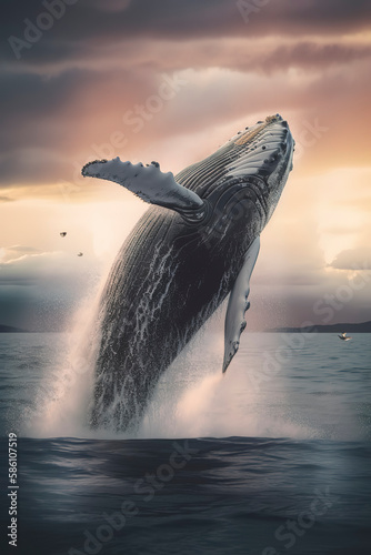 Ocean spectacle: Humpback whale's enormous tail rises, spraying water. Generative AI © Lemart