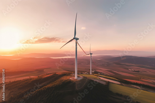 Aerial view of wind power farm during a captivating sunset. Generative AI