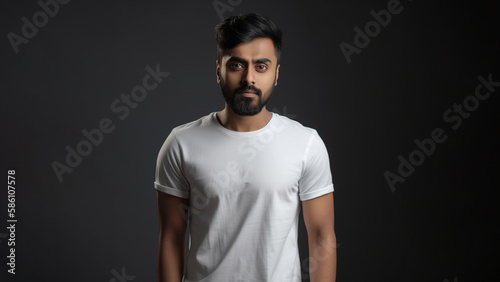 Handsome indian man with brown eyes wearing simple white t- shirt. Isolated on dark background. White t-shirt mockup.