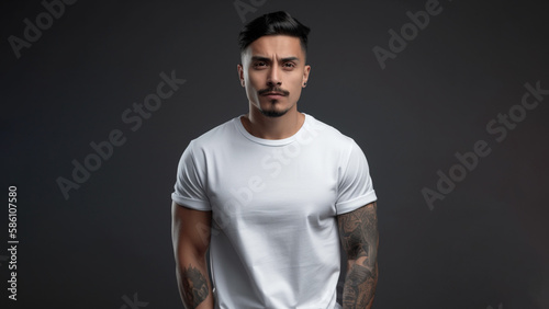 Handsome latino man with brown eyes wearing simple white t- shirt. Isolated on dark background. White t- shirt mockup.