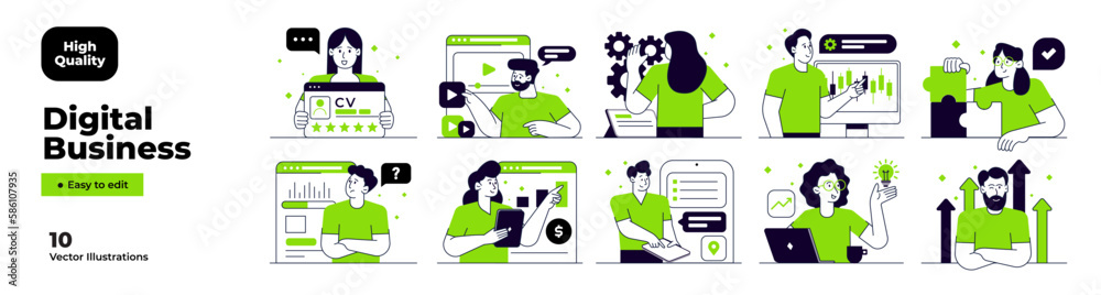 Digital Business illustrations. Mega set. Collection of scenes with men ...