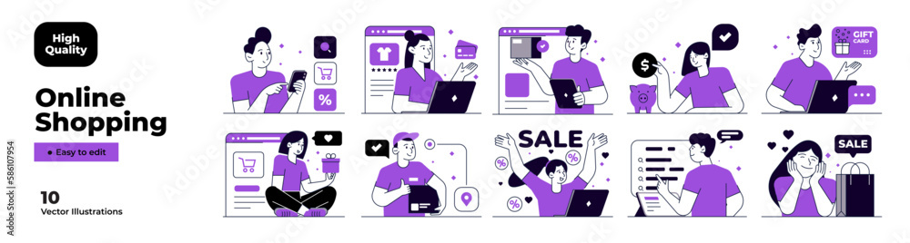 Online shopping and E-commerce concept set. Sale, orders, online payment, delivery, loyalty program. Vector Illustration Online shopping and E-commerce concept set. Sale, orders, online payment, delivery, loyalty program. Vector Illustration